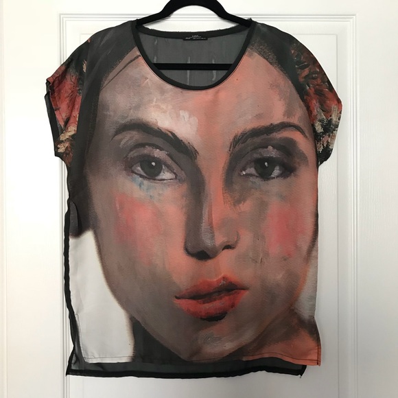 Zara Tops - [Zara] Artistic Painted Lady Mixed-Media Blouse